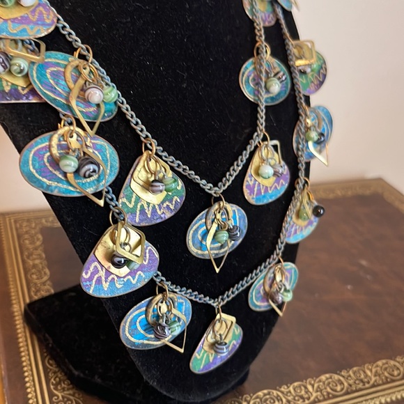 Artisan Painted Copper Disc Layered Statement Necklace - Picture 7 of 7